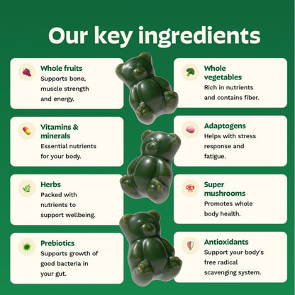 Gruns Adult Super Greens Multivitamin Gummies, Superfood Gummy Vitamins for Women and Men with Spirulina, Chlorella, Adaptogens & Prebiotic Fiber for Digestive Health (28 Count) GrünsBuy Supplements Australia