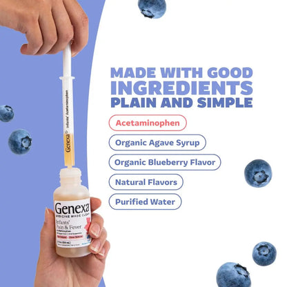Genexa Infants' Clean Acetaminophen | Pediatrician Preferred Ingredients | Pain Reliever & Fever Reducer for Babies | Dye Free, 0% Artificial Additives | Delicious Organic Blueberry Flavor, 2 fl oz GenexaBuy Supplements Australia
