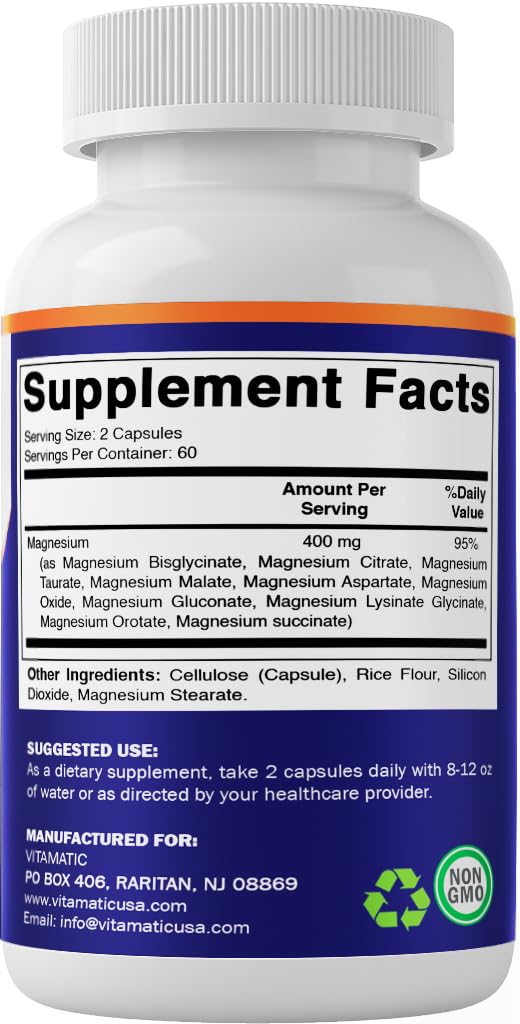 Vitamatic Magnesium Complex, 400mg Elemental MG (as Bisglycinate, Citrate, Taurate, Malate, Aspartate, Oxide, Gluconate, Lysinate Glycinate, Orotate, Succinate) - 120 Capsules per Pack - 2 Pack Vitamatic buy supplements Au