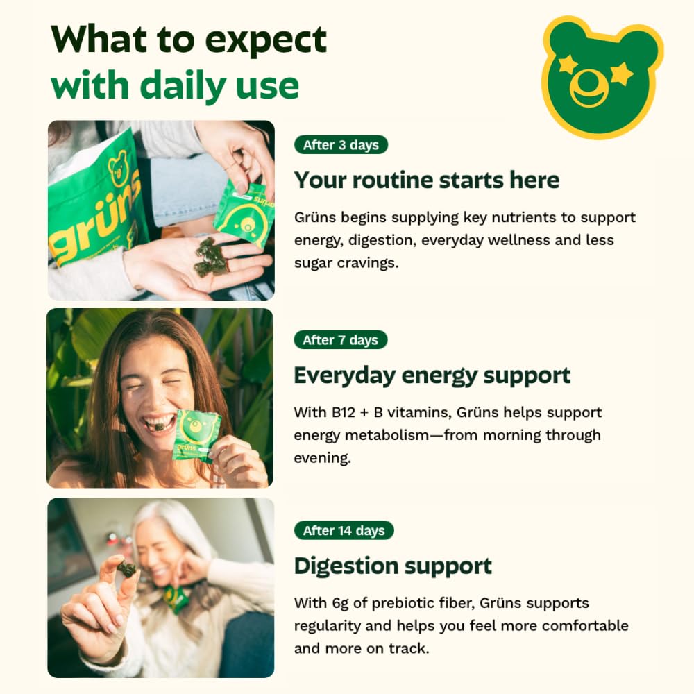 Gruns Adult Super Greens Multivitamin Gummies, Superfood Gummy Vitamins for Women and Men with Spirulina, Chlorella, Adaptogens & Prebiotic Fiber for Digestive Health (28 Count) GrünsBuy Supplements Australia