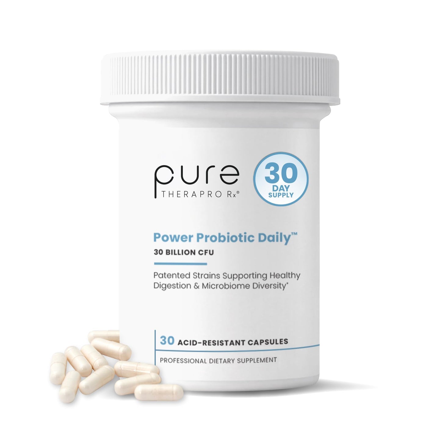 Pure Therapro Rx Power Probiotic Daily - 30 Acid-Resistant Capsules | 4 Proven Strains - 30 Billion CFU/Capsule | Patented Activ-Vial Desiccant Bottle