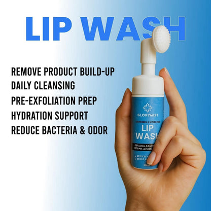 GloryMist All In One Lip Wash & Silicone Brush – Hydrating, Brightening & Exfoliating foaming Cleanser for Dry