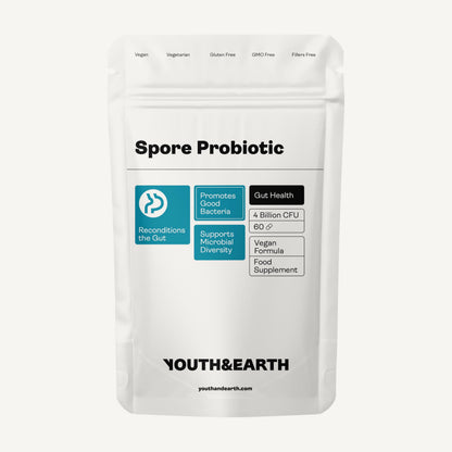 Spore Probiotic package by Youth&Earth on a white background