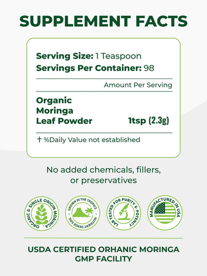 PURA VIDA MORINGA Organic Moringa Powder, Premium 100% Leaf Powder Single Origin - USDA Organic Moringa Oleifera Leaf