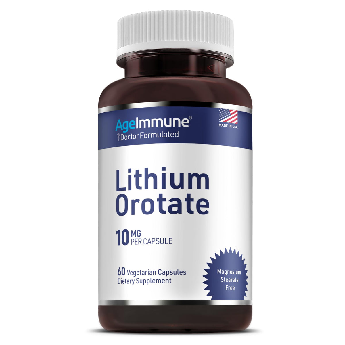 Lithium Orotate 10mg per Capsule - 60 Vegetarian Capsules. Memory and Emotional Wellness Support - Magnesium Stearate Free