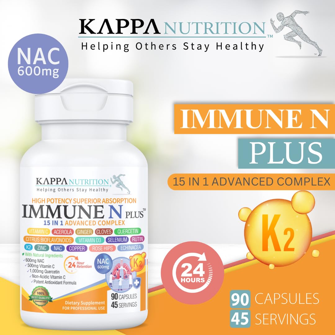 (60 Capsules), NAC 600mg, Quercetin 1,000mg, Vitamin C 500mg, Zinc 50mg, Vitamin D3 5,000iu, Selenium, Copper, Acerola, Ginger, Rutin, Citrus Bioflavonoids, Rose Hips, Echinacea, Immune N Plus 15 in 1 KAPPA NUTRITIONBuy Supplements Australia