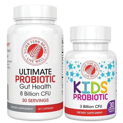 Silver Fern Brand Family Probiotics - Ultimate Adult Probiotic (1 Bottle = 60 Capsules) Plus Ultimate Children's Probiotic for Kids (1 Bottle = 30 Chewables) - Gut Health & Microbiome Support