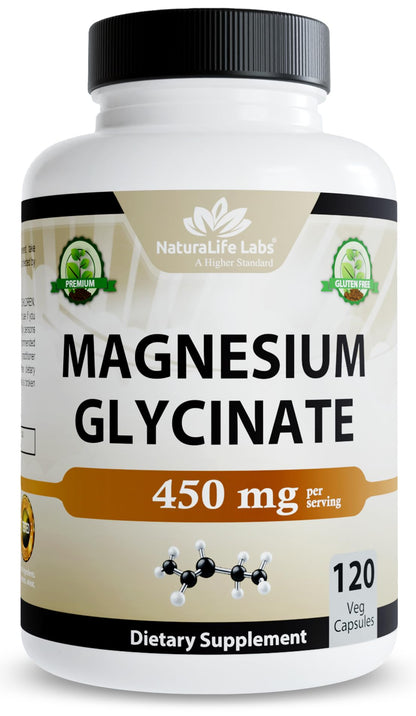 NaturaLife Labs Magnesium Glycinate - 450 mg per Serving – 120 Vegan Capsules - Non-GMO, Gluten-Free, Vegan