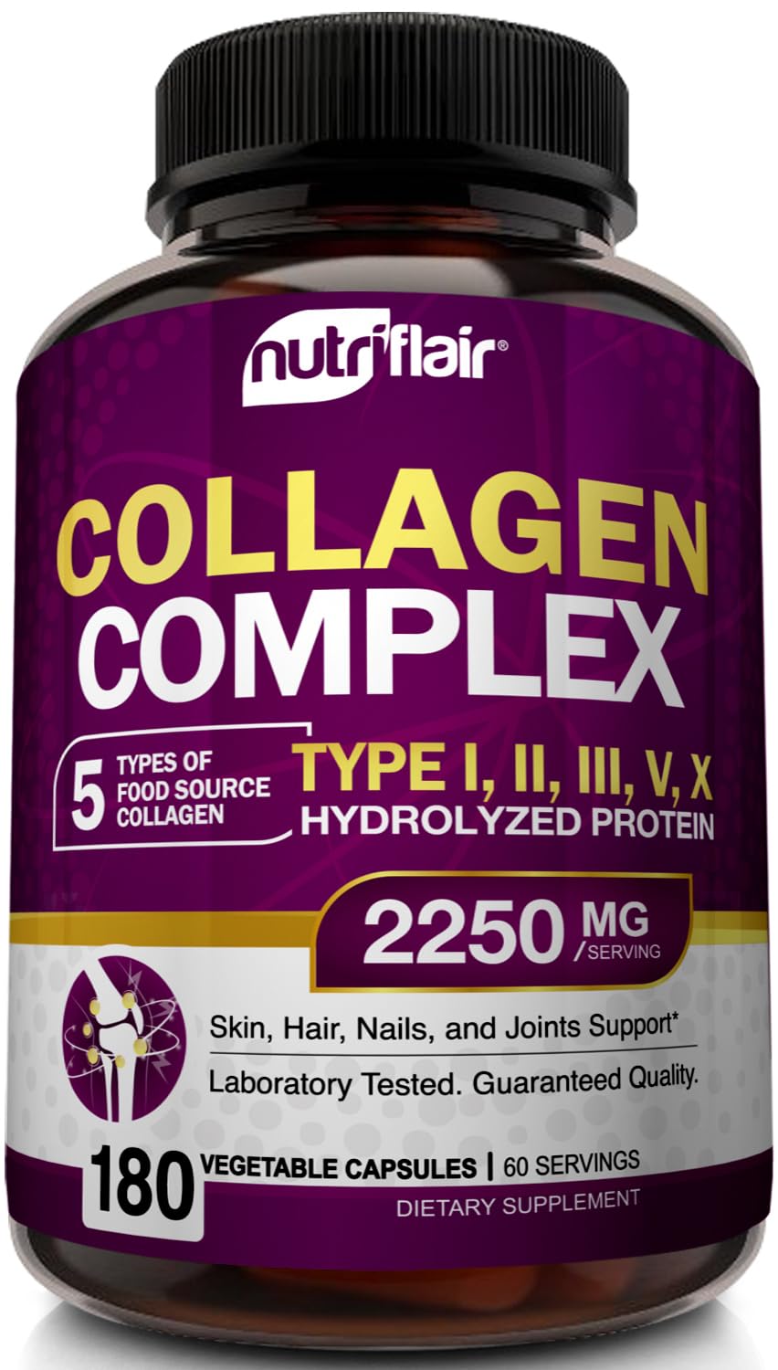 NutriFlair Multi Collagen Peptides 2250mg - Type I, II, III, V, X - Collagen Supplements Complex Powder Pills for Women and Men - Hydrolyzed Protein, Healthy Hair, Skin, Nails - Non-GMO (180 Capsules) NutriFlair buy supplements Au