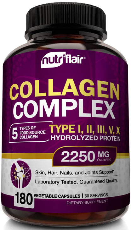 NutriFlair Multi Collagen Peptides 2250mg - Type I, II, III, V, X - Collagen Supplements Complex Powder Pills for Women and Men - Hydrolyzed Protein, Healthy Hair, Skin, Nails - Non-GMO (180 Capsules) NutriFlair buy supplements Au