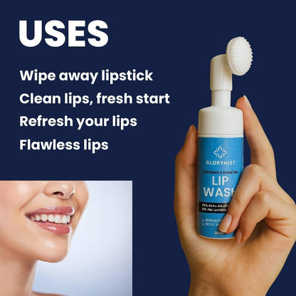 GloryMist All In One Lip Wash & Silicone Brush – Hydrating, Brightening & Exfoliating foaming Cleanser for Dry