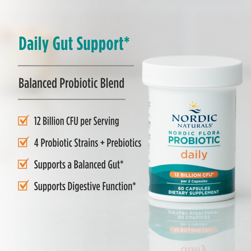 Nordic Naturals Nordic Flora Probiotic Daily - 60 Capsules - 4 Probiotic Strains with 12 Billion Cultures - Optimal Wellness, Immune Support, Digestive Health - Non-GMO, Vegan - 30 Servings Nordic NaturalsBuy Supplements Australia