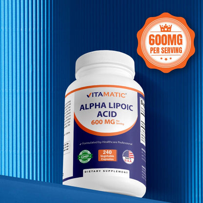Vitamatic Alpha Lipoic Acid (ALA) 600mg Per Serving - 240 Vegetable Capsules - 120 Servings - Non-GMO & Gluten Free