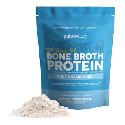 Paleovalley 100% Grass Fed Beef Bone Broth Protein Powder - Rich in Collagen Peptides for Hair, Skin, Gut Health, Bone and Joint Support