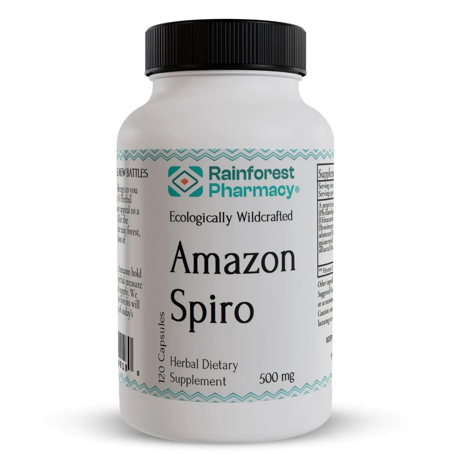 Supplement bottle labeled 'Amazon Spiro' by Rainforest Pharmacy on a white background