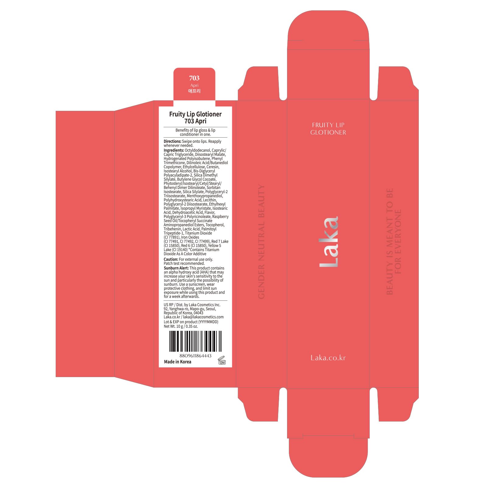 Laka Fruity Lip Glotioner, 10ml/0.33 fl.oz, Lip Gloss with High Shine Vivid Colors, Jelly tip for Hygienic & Easy Application, K-Beauty (#703 Apri) LakaBuy Supplements Australia