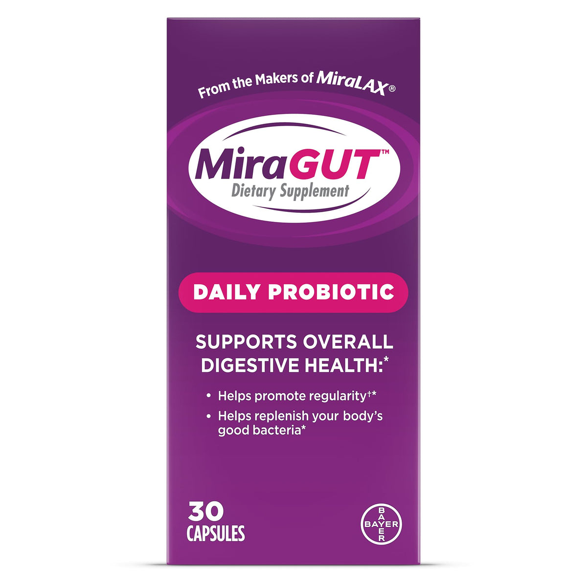 MiraGUT Daily Probiotic, from the Makers of MiraLAX, Probiotics for Digestive Health, Gluten-Free Supplement, Probiotic for Women and Men