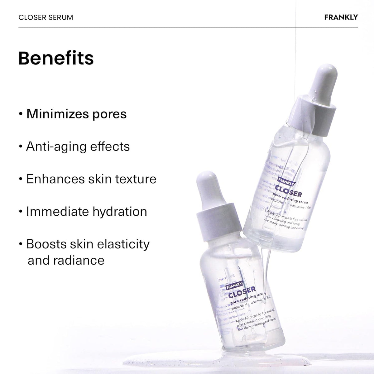 FRANKLY Closer Serum | Pore Minimizer Serum | 9 Peptides, Vegan Collagen, Adenosine, PHA | Korean Pore Minimizer for Glass Skin