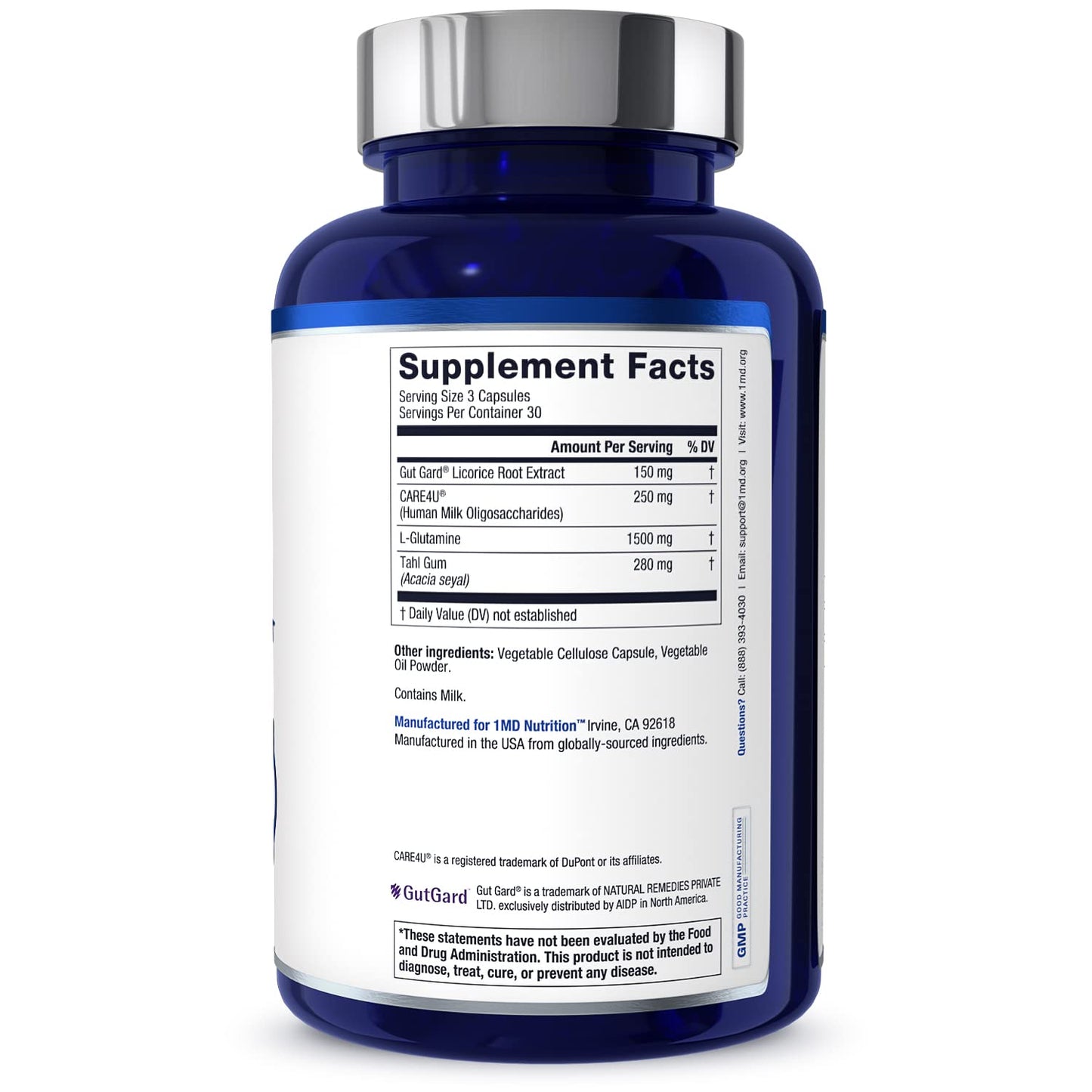 1MD Nutrition GutMD - L-Glutamine Capsules w/Prebiotic for Gut Health - L Glutamine Supplement - Supports Healthy Digestive