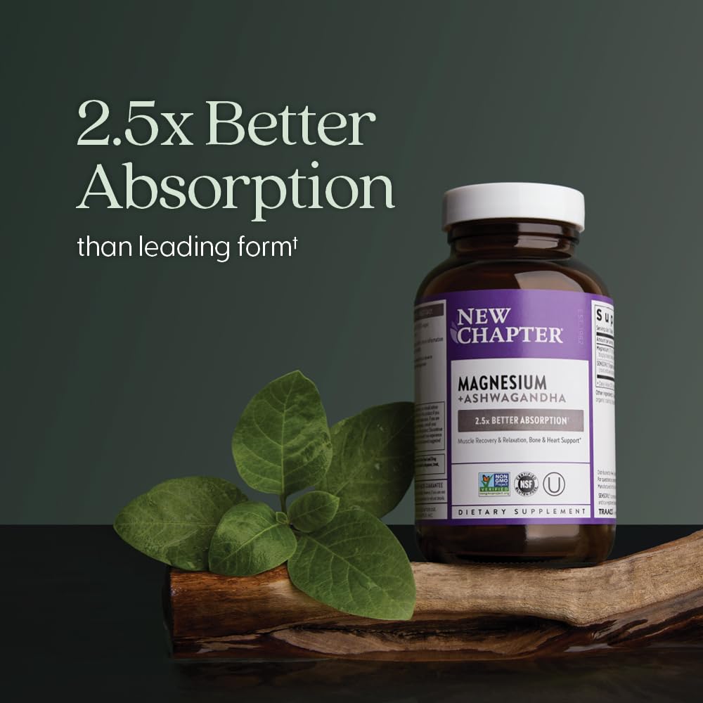 New Chapter Magnesium + Ashwagandha Supplement, 325 mg with Magnesium Glycinate for Muscle Relaxation & Recovery, Heart, Nerve & Bone Health, 2.5X Absorption