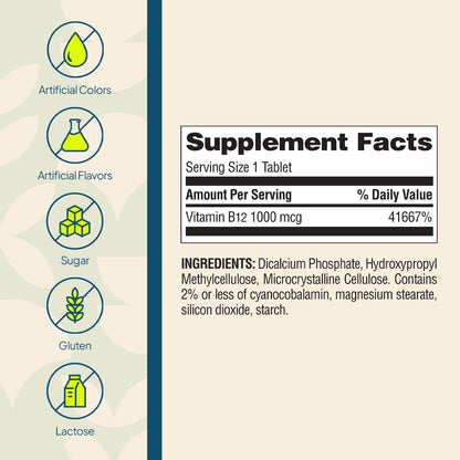 Nature's Wonder Vitamin B12 1000 mcg Timed Release Tablets for Energy Metabolism, Supports Brain Health and Nervous System Health
