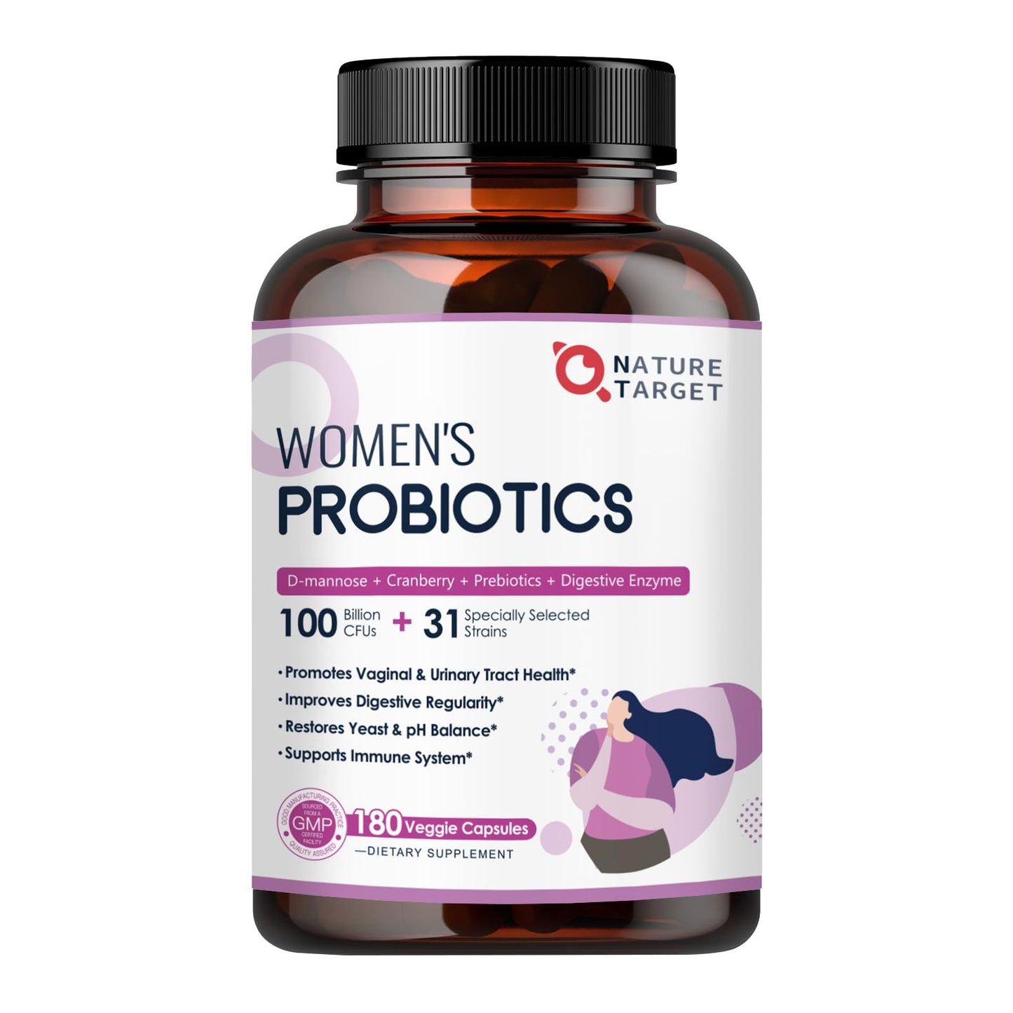 NATURE TARGET Probiotics for Women, 100 Billion CFUs Probiotic with Digestive Enzymes & Prebiotics, Vaginal Probiotics with Cranberry for Urinary Tract Health,