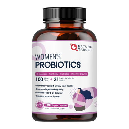 NATURE TARGET Probiotics for Women, 100 Billion CFUs Probiotic with Digestive Enzymes & Prebiotics, Vaginal Probiotics with Cranberry for Urinary Tract Health,