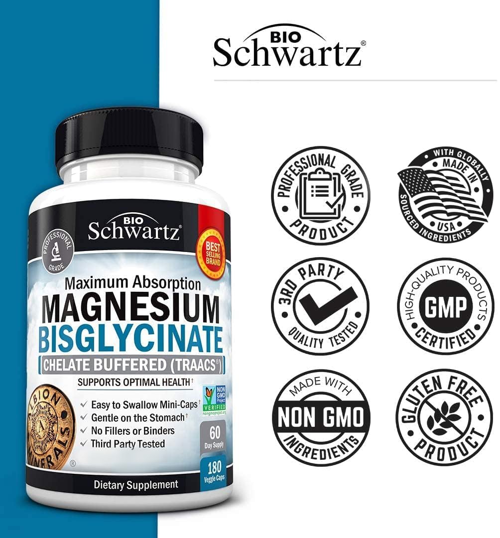 Magnesium Bisglycinate Chelated Supplement - High Absorption Magnesium Glycinate Supplement for Women and Men - Sleep, Muscle, Bone & Joint Support - Non-GMO, Non-Laxative Chelate - 180 Capsules BioSchwartzBuy Supplements Australia