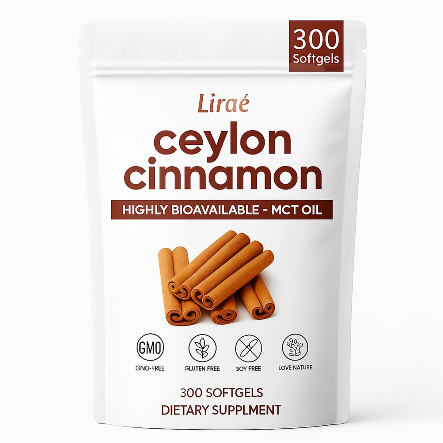 LIRAE Ceylon Cinnamon Softgels with MCT Oil – 300 Softgels – True Ceylon Cinnamon Supplement – Non-GMO, Gluten Free