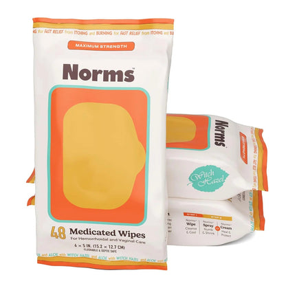 Norms Medicated Hemorrhoid Wipes with Witch Hazel and Aloe, Soothing Flushable Wipes for Itching, Burning & Swelling Relief, Hypoallergenic & Fragrance Free - 48ct (Pack of 3) NormsBuy Supplements Australia
