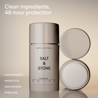 Salt & Stone Aluminum Free Deodorant | Extra Strength 48 Hour Protection for Women & Men | Made with Seaweed Extracts, Niacinamide & Prebiotics | Santal & Vetiver Salt & StoneBuy Supplements Australia