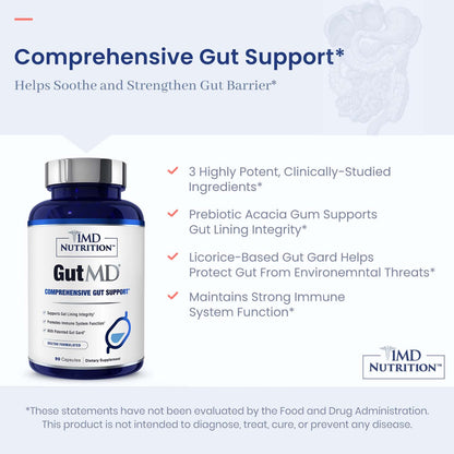 1MD Nutrition GutMD - L-Glutamine Capsules w/Prebiotic for Gut Health - L Glutamine Supplement - Supports Healthy Digestive