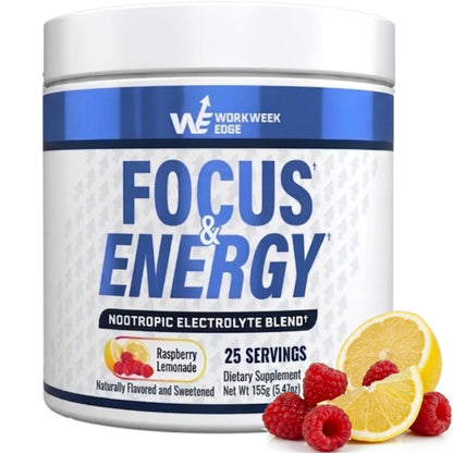 Supplement container labeled 'Focus & Energy' with raspberries and lemons on a white background