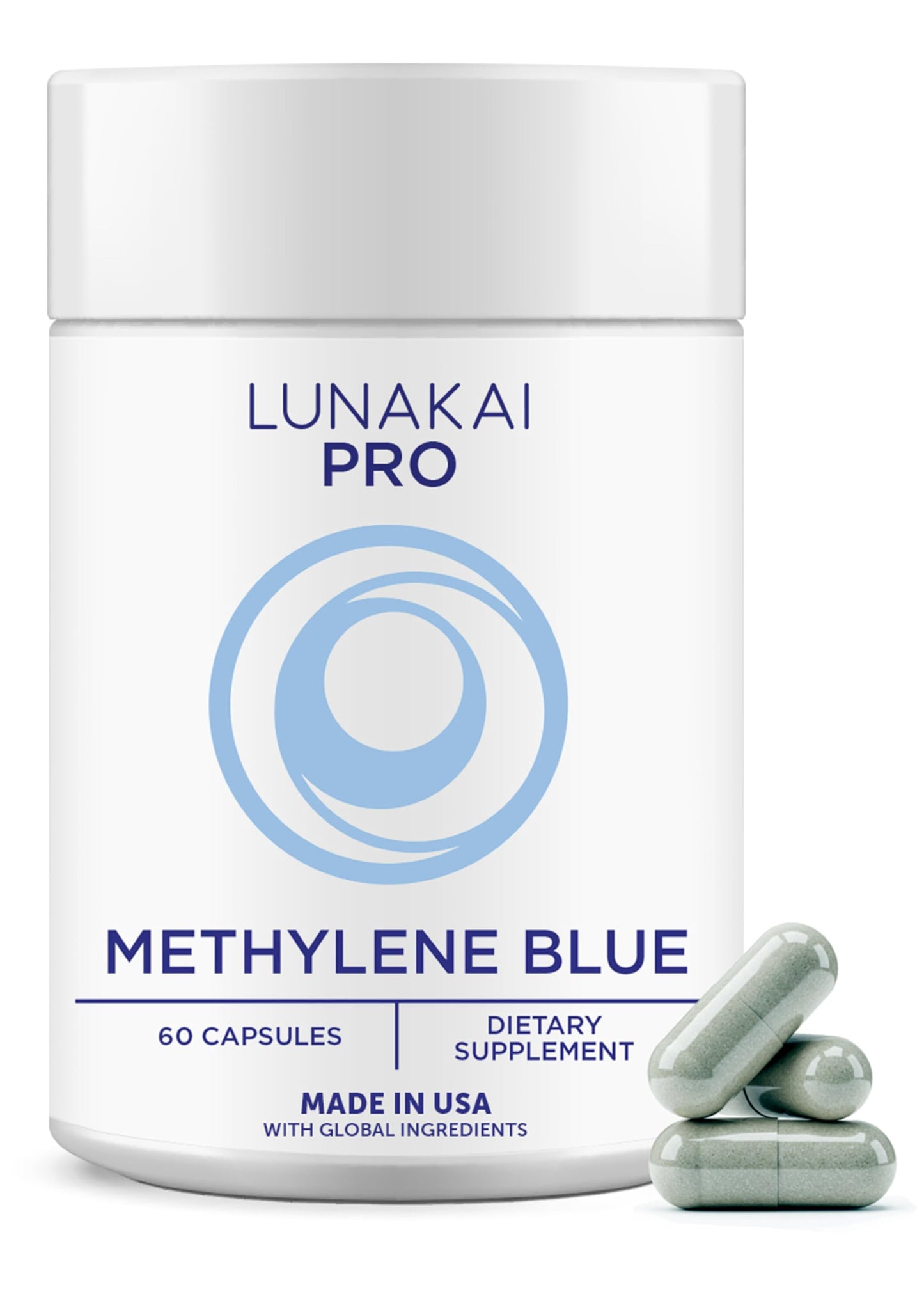 Lunakai Pro Methylene Blue dietary supplement container with capsules on a white background