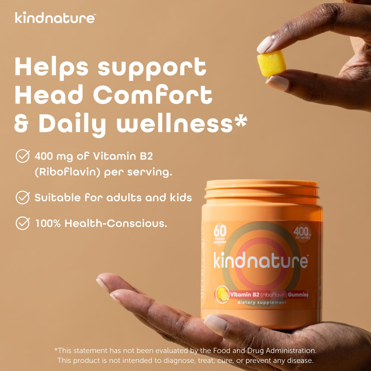 kindnature Vitamin B2 Gummies - Riboflavin 400mg Supplement for Kids & Adults - Non-GMO, Soy & Gluten-Free, Vegan Chewable Gummies (30 Day Supply) (2)