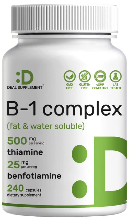 DEAL SUPPLEMENT Vitamin B1 500mg with Benfotiamine, 240 Capsules – 2 in 1 Enhanced Formula – Fat & Water Soluble Thiamine B1 Supplement