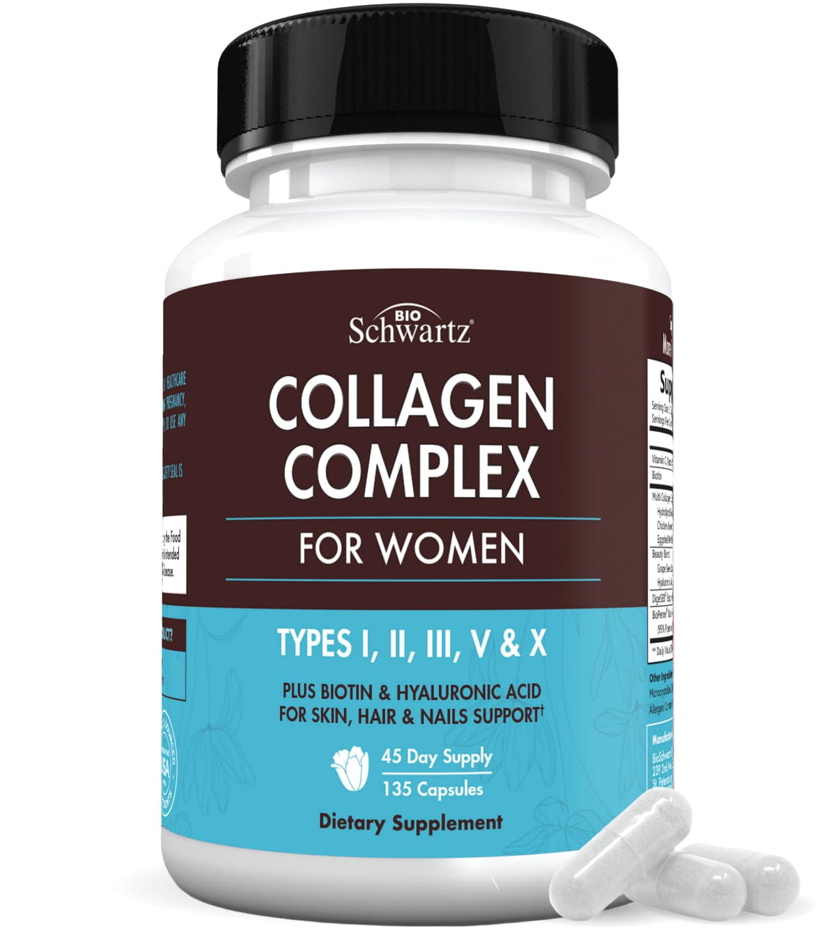 BioSchwartz Hydrolyzed Collagen Peptide Capsules - Multi Collagen Supplements for Women Types I, II, III, V, X with Vitamin C, Biotin,