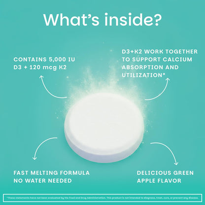 EZ Melts Dissolvable Vegan Vitamin D3 + K2 5,000 IU - Bone & Heart Health Support - Immune Function Support - No Artificial Flavors - Non-GMO - Green Apple
