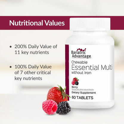 Bariatric Advantage Chewable Essential Multivitamin Without Iron - 200 DV of Key Nutrients - Trace Mineral Support Bariatric Advantage