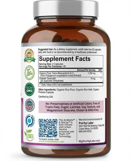 Purity Labs Trans-Resveratrol Supplement 5,000 mg Equivalent per Serving with Quercetin, USDA Organic High Potency Antioxidant,