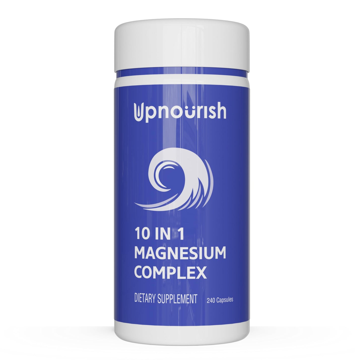 Supplement container labeled 'Upnourish 10 in 1 Magnesium Complex' on a white background
