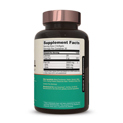 Live Conscious OmegaWell Omega 3 Fish Oil - 2000mg Capsules: Heart, Brain, & Joint Support - 800 mg EPA 600 mg DHA - Sustainably Sourced - Softgels - 30 Day Supply Live ConsciousBuy Supplements Australia