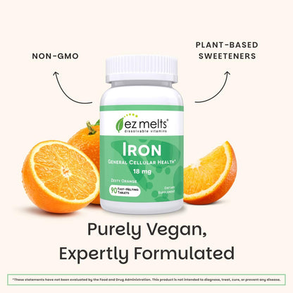 EZ Melts Iron - Supplement for Daily Energy & Iron Support - with Vitamin C - No Artificial Flavors - Non-GMO & Vegan - Zesty Orange