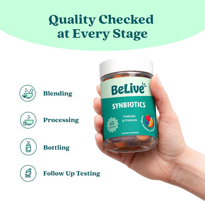 BeLive Synbiotics - Probiotic & Prebiotic Fiber Gummies – High Strength Inulin (3g), Dietary Fiber Supplement, Digestive Support for Kids & Adults - Strawberry, Orange,