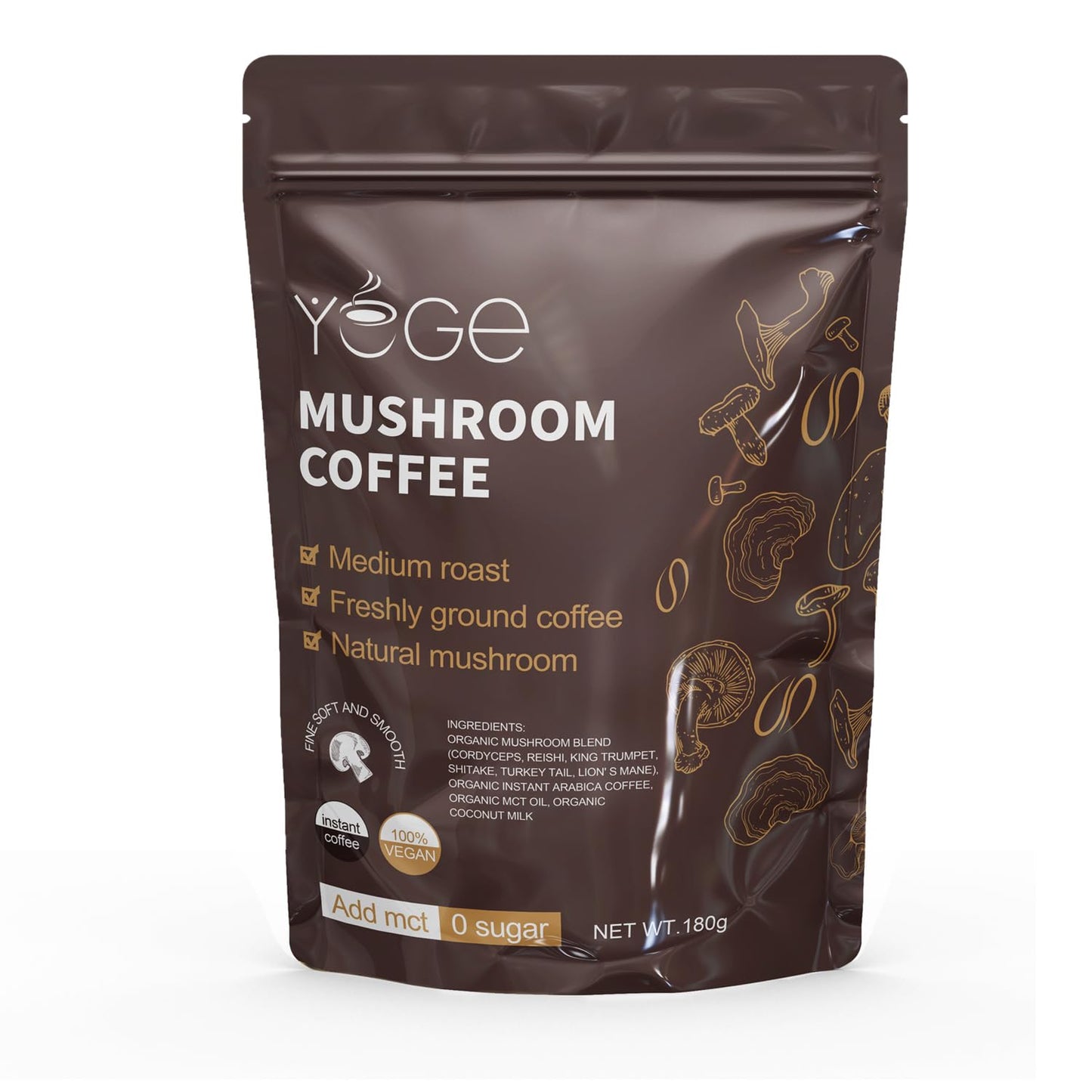 Mushroom Coffee, Instant Mushroom Coffee with Cordyceps, Reishi, King Trumpet, Shiitake, Turkey Tail, Lions Mane for Energy