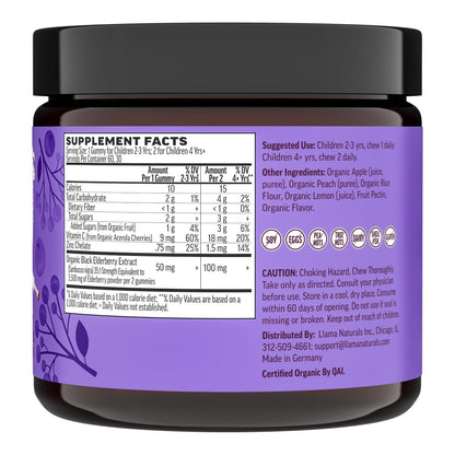 Llama Naturals Elderberry Gummies for Kids, Vegan, Organic Immune Support Supplement with Vitamin C and Zinc, Toddler Real Fruit Gummy Vitamins for Immunity