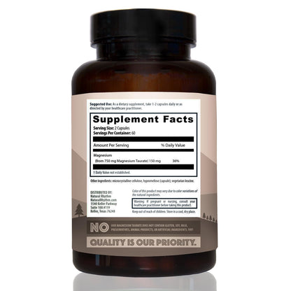 Magnesium Taurate 750mg (150mg Elemental Magnesium) – 120 Vegetarian Capsules – High-Absorption Magnesium Taurate Supplement for Heart, Muscle, and Nerve Support