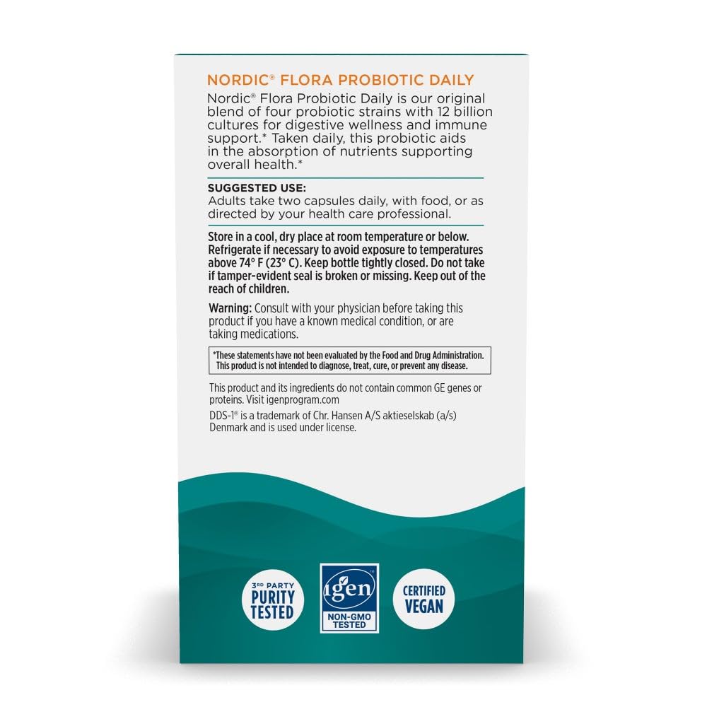 Nordic Naturals Nordic Flora Probiotic Daily - 60 Capsules - 4 Probiotic Strains with 12 Billion Cultures - Optimal Wellness, Immune Support, Digestive Health - Non-GMO, Vegan - 30 Servings Nordic NaturalsBuy Supplements Australia