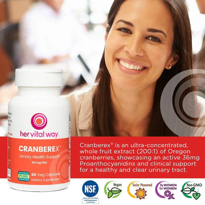 her vital way Cranberex - Cranberry Pills for Women and Men - Cranberry Supplement with 36mg PAC - Cranberry Extract Capsules for Urinary Tract Health and Kidney Care - 60 Veg Capsules her vital wayBuy Supplements Australia