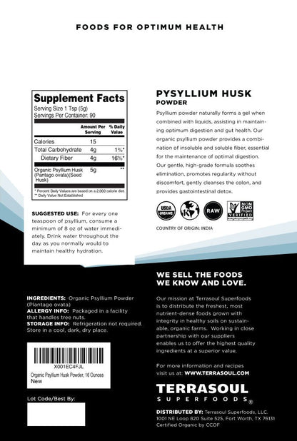 Terrasoul Superfoods Organic Psyllium Husk Powder, 1 Lb - Superfine Texture | 99% Purity | Perfect for Gluten-Free Baking | No Purple Breads